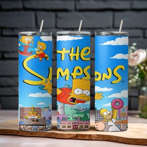 The Simpsons, Bart flying over Springfield 20oz stainless steel reusable tumbler with lid and straw
