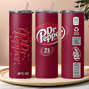 Dr Pepper, soda, 20oz stainless steel reusable tumbler with lid and straw
