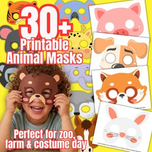 May include: A collection of 30+ printable animal masks featuring various creatures like a tiger, pig, dog, and rabbit. The masks are displayed as individual paper cutouts with eye holes, alongside a brown bear mask held up to a face.