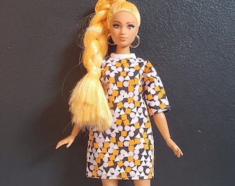 Robe droite orange et violet géométrique à manches 3/4