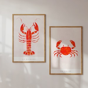 Set of 2 seafood prints, Red lobster, Red crab, Nautical prints, Wall art, Lobster poster, Crab poster, Kitchen wall art