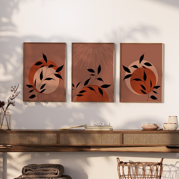 Boho Abstract Print Set, Terracotta Art Posters, Neutral Geometric Art Modern Set Of 3 Prints, Minimalist Style Plant Wall Art