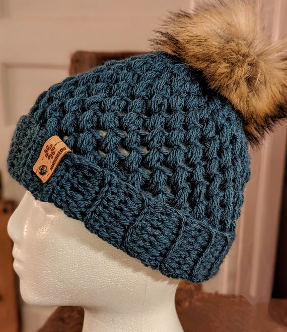 Dark Teal Crochet Beanie With Faux Fur Pom Pom - Etsy display picture 2