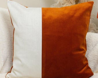 Burnt Orange Velvet Colorblock Cushion Cover: Linen & Velvet Pillow