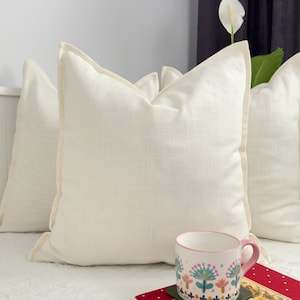 Handmade Washed Cream Linen Pillow Cover, White linen Pillowcase, Flanged Linen Cushion Cover (In Any Custom Size)