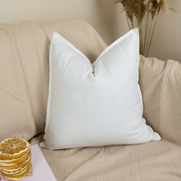 Natural Washed Cotton Linen White Pillow Cover, White Linen Pillowcase (Any Custom Size)