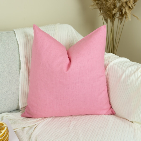 Natural Washed Linen Pink Pillow - Cushion Cover, Washed Linen Pink Pillowcase, (Any Custom Size)