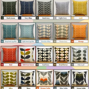 May include: A collection of twenty decorative throw pillows in various colors and patterns. Each square pillow features a unique design, including leaf and floral motifs, in shades of green, blue, gray, orange, and gold. The pillows are labeled with color names.