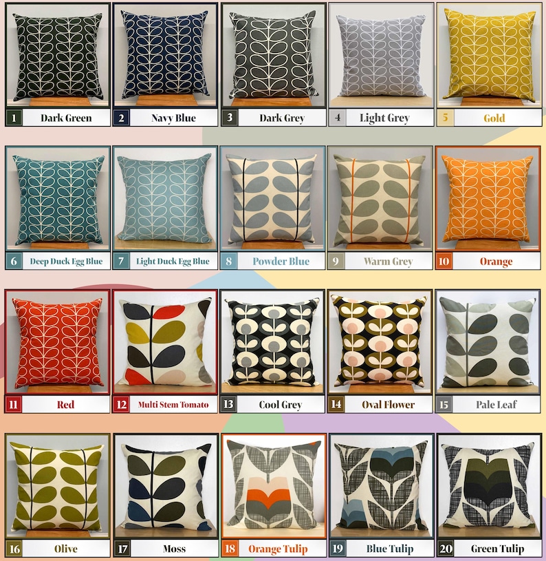 May include: A collection of twenty decorative throw pillows in various colors and patterns. Each square pillow features a unique design, including leaf and floral motifs, in shades of green, blue, gray, orange, and gold. The pillows are labeled with color names.