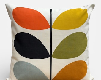 Cotton Scandinavian Cushion Cover Linear Stem Floral Cushion Mid Century Style - 18x18 Inches