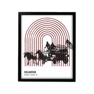 May include: A black and white illustration of a horse-drawn carriage with a red, white, and blue flag. The carriage is surrounded by red and white striped arches. The text "OKLAHOMA 35.2059° N, 97.4457° W" is below the image.