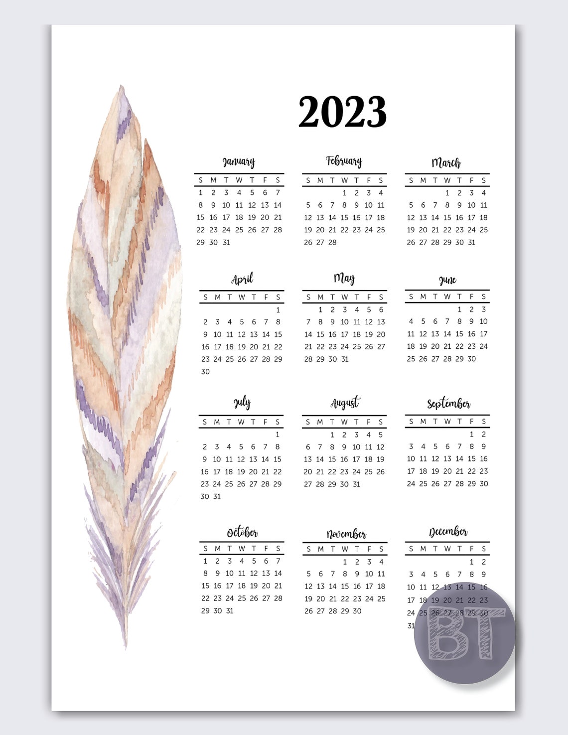 Calendar Printable 2023 Yearly Calendar Year at A Glance - Etsy