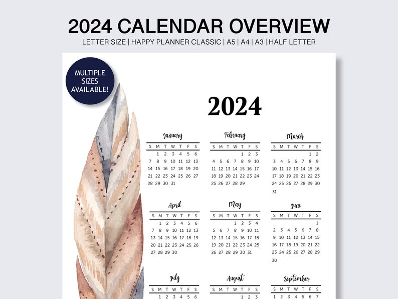 Calendar Printable, 2024 Yearly Calendar, Year at A Glance, Year