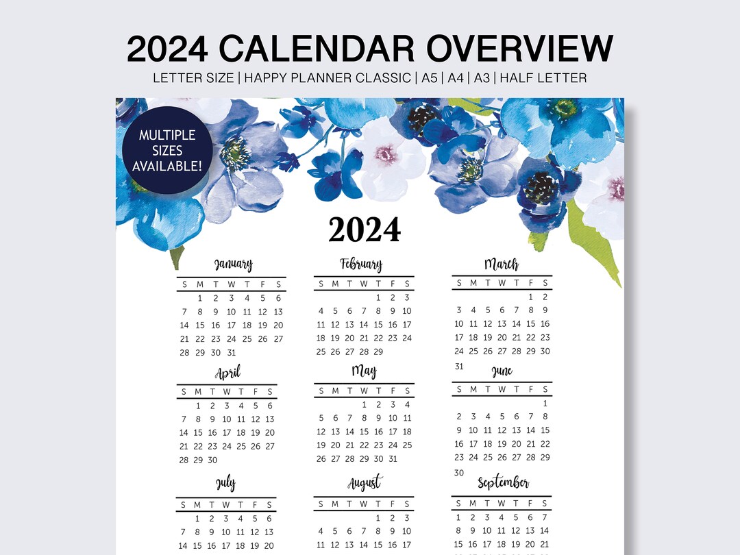 Calendar Printable, 2024 Yearly Calendar, Year at A Glance, Year Calendar, 2024 Desk Calendar Etsy