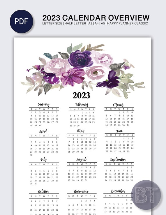 calendar printable 2023 yearly calendar year at a glance etsy