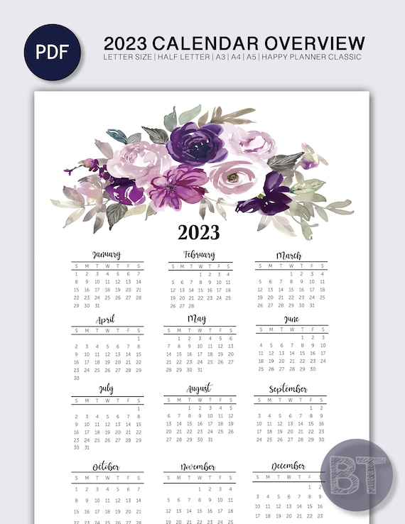 calendar printable 2023 yearly calendar year at a glance etsy