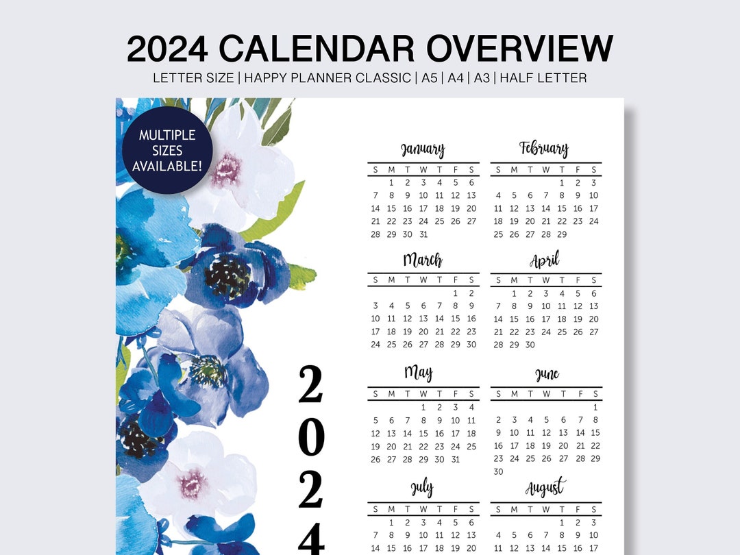 Calendar Printable, 2024 Yearly Calendar, Year at A Glance, Year ...