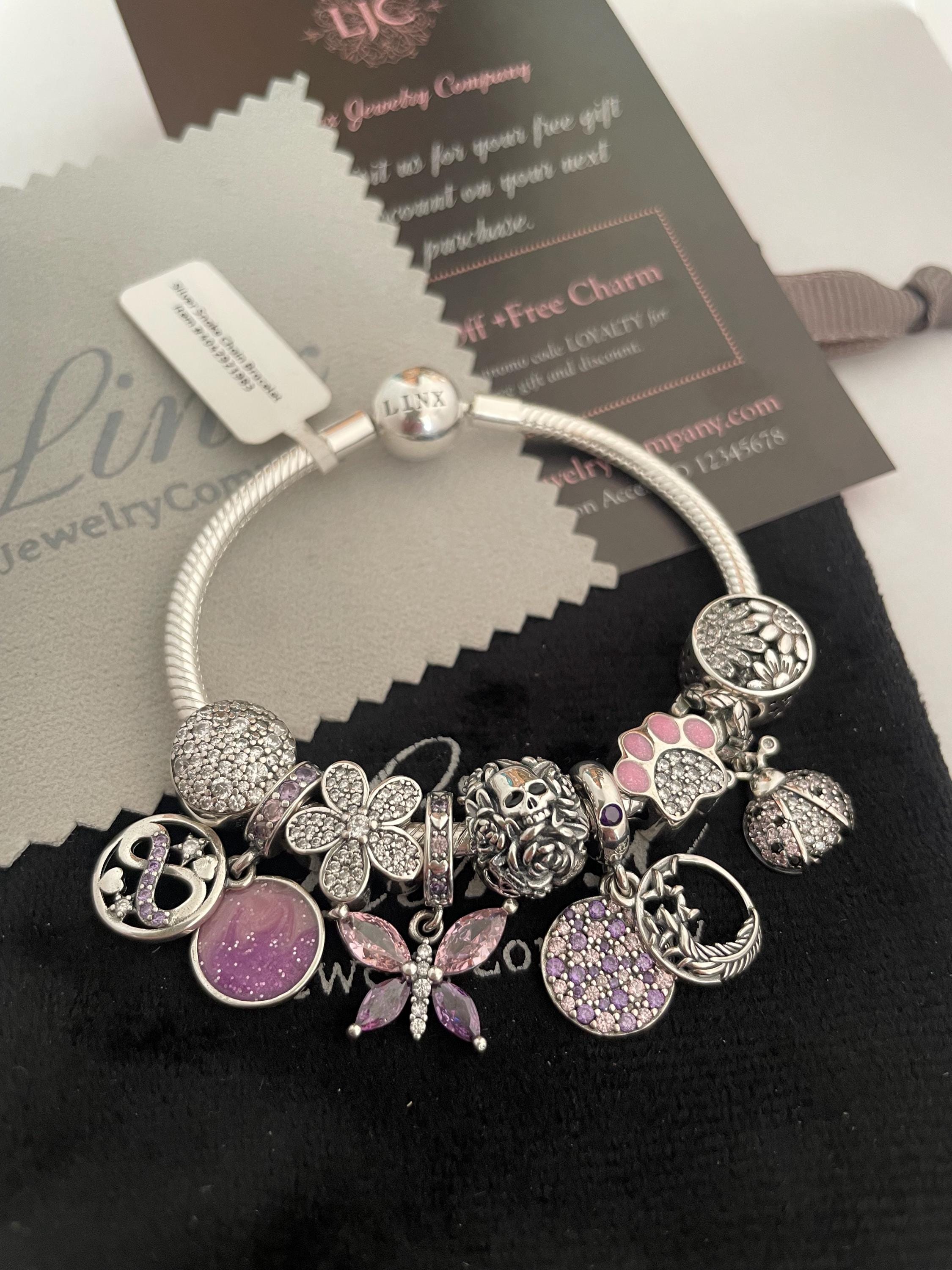 ブレスレット ROMANTINUER SN96 BRACELET Linx Silver Snake Chain Bracelet With Pink and Purple Themed