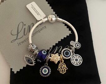 Pulsera de cadena de serpiente Linx con dijes de mano de Fátima y ojo malvado