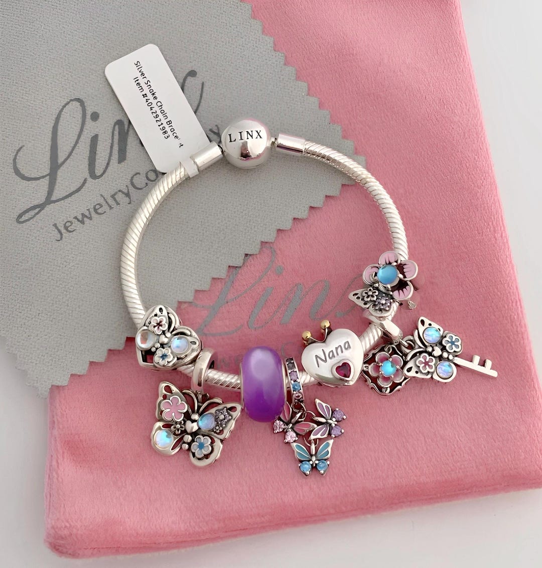 Sterling Silver Snake Chain Charm Bracelet: Iridescent Flower