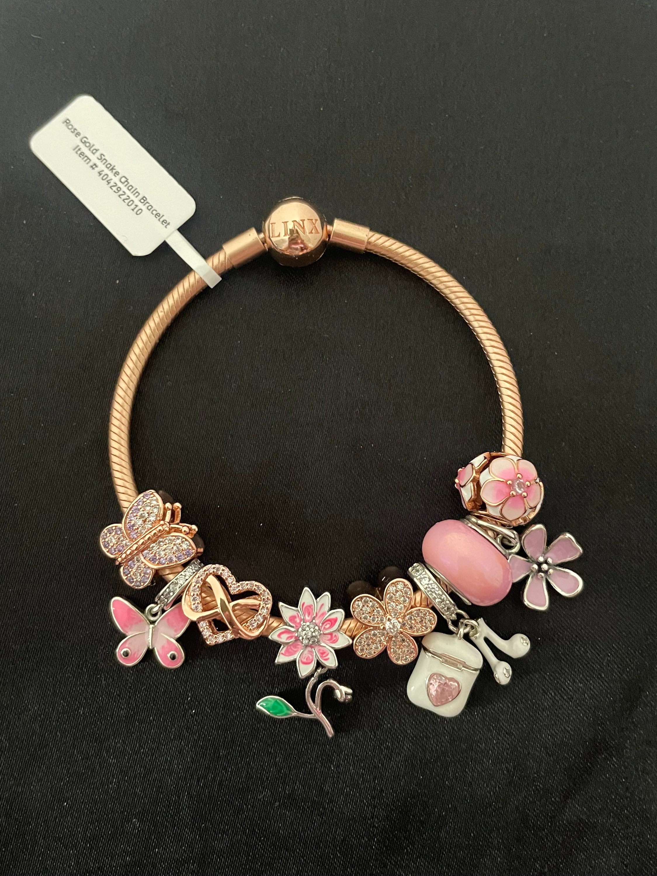 Linx Rose Gold Snake Chain Charm Bracelet With Pink Themed Charms