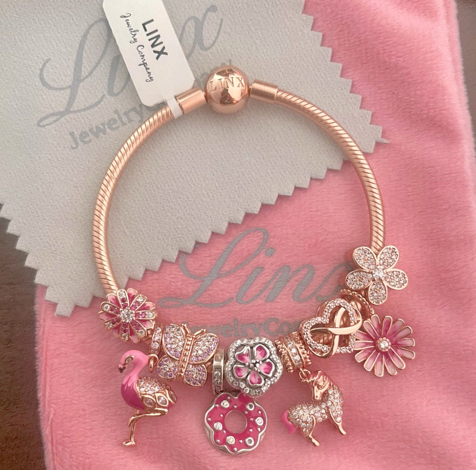 Linx Rose Gold Snake Chain Bracelet With Pink Themed Charms - Etsy