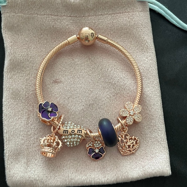 Linx Rose Gold Snake Chain Bracelet with Purple Mom Themed Charms