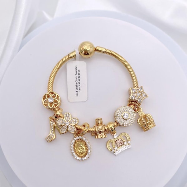 Linx armband i gult guld med berlocker med religiöst tema för quinceañera och 15-årsdag till dotter