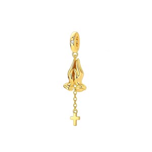 Yellow Gold Praying Hands and Cross Dangle Charm