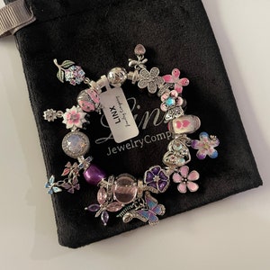 Linx Snake Chain Bracelet with Pink and Purple Butterfly and Flower Themed Charms