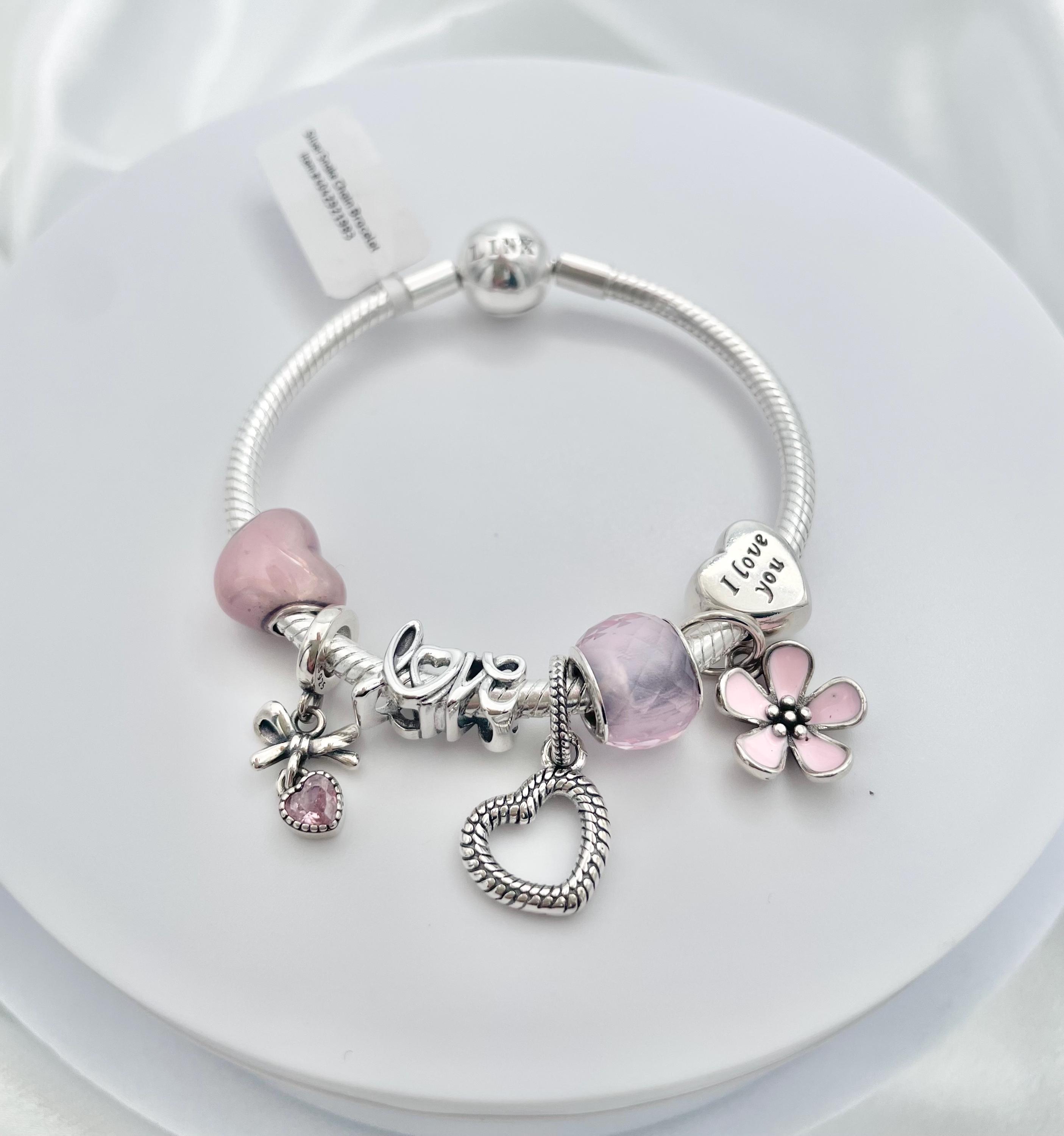 PANDORA シルバー ピンク チャーム ブレスレット スターリングシルバーのスネークチェーンチャームブレスレット：ピンク