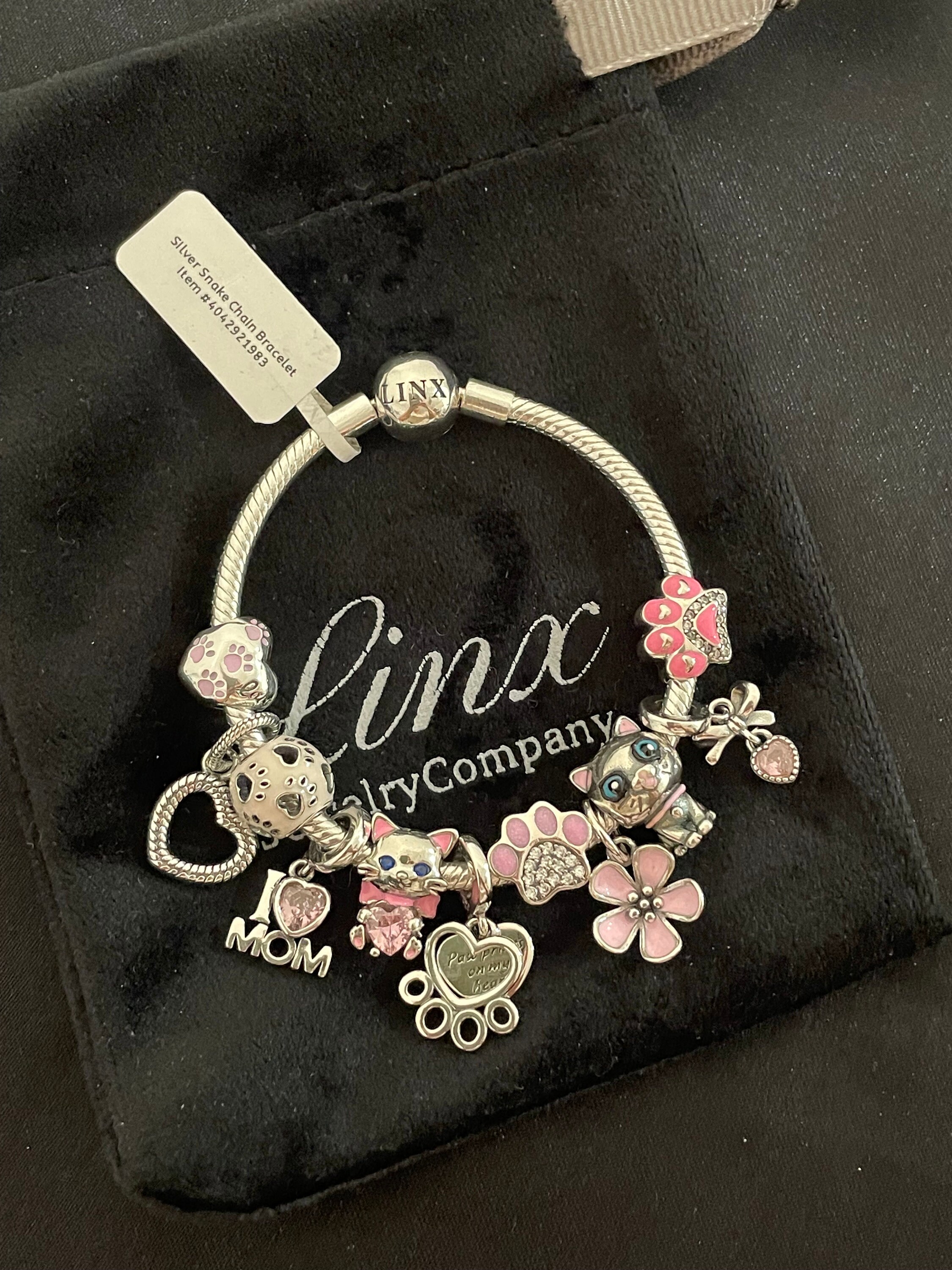 Linx Snake Chain Bracelet With Pink Cat Mom Themed Charms 925