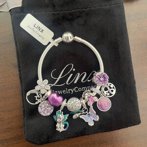 Linx Silver Snake Chain Bracelet with Purple Themed Charms 925 sterling silver