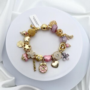 Linx Yellow Gold Snake Chain Bracelet with Pink Mama Themed Charms