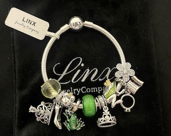 Linx Snake Chain Bracelet with Princess and Frog Prince Themed Charms 925 sterling silver