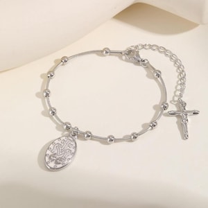Linx Stainless Steel Snake Chain and Bead Bracelet with Virgin Mary Pendant and Cross Extender Gold and Silver Quinceanera Holy Communion