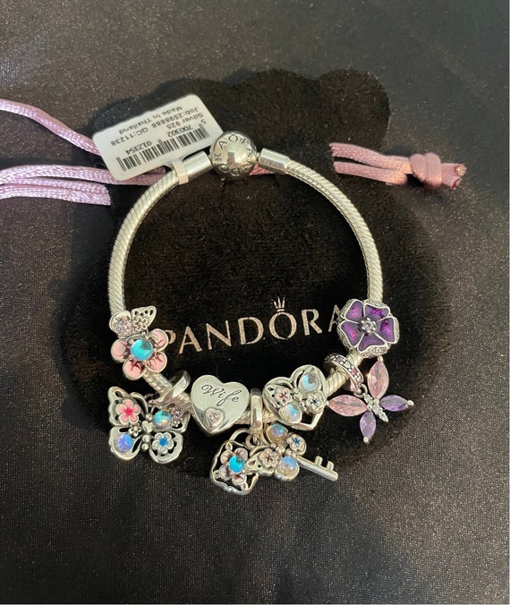 Pandora Bracelet With Pink and Purple Wife Themed Charms 