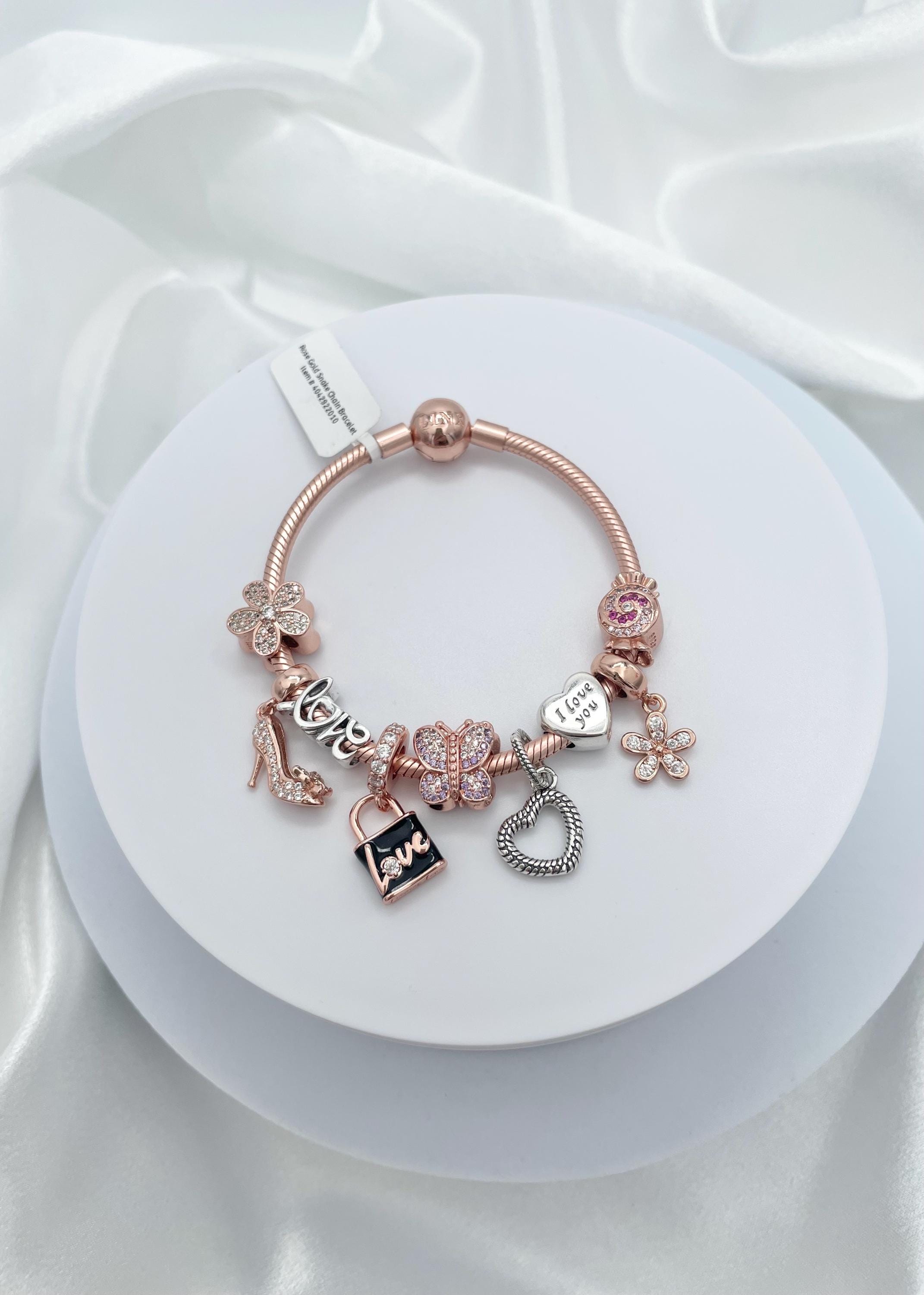 Linx Rose Gold Snake Chain Bracelet With Heart and Love Themed 