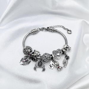 Skull Charm Bracelet: Stainless Steel Snake Chain, Gothic Charms