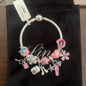 Linx Silver Snake Chain Bracelet with Pink Themed Charms 925 Sterling Silver