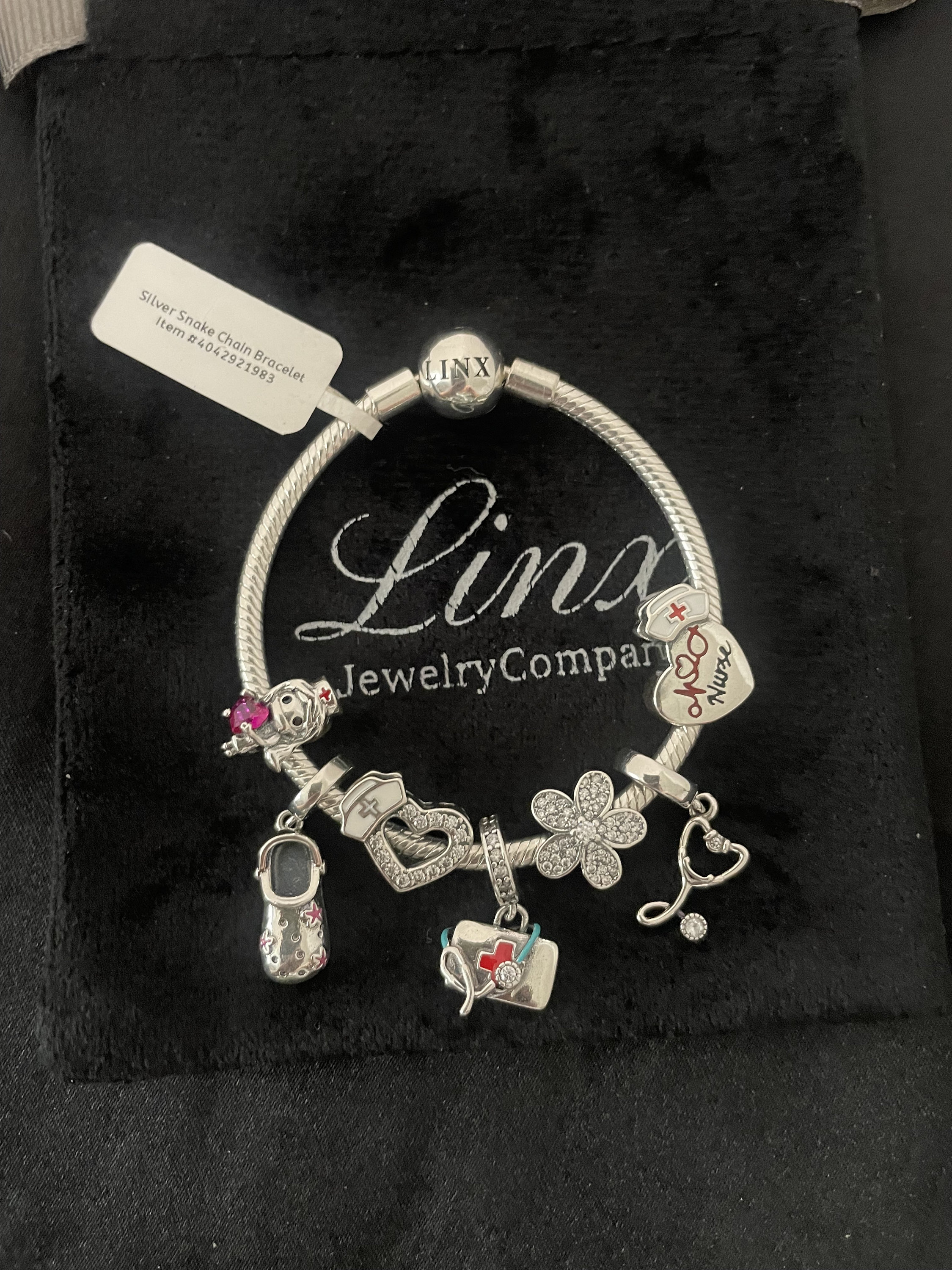 Linx Snake Chain Bracelet With Nurse Themed Charms 925 Sterling 
