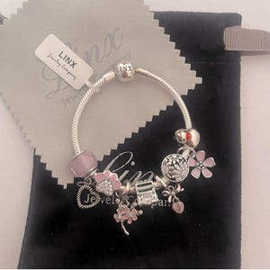 Linx Silver Snake Chain Bracelet with Silver and Pink Jeep Themed Charms 925 sterling silver