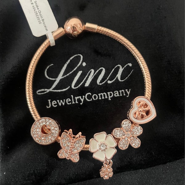 Linx Snake Chain Bracelet with White and Rose Gold Themed Charms