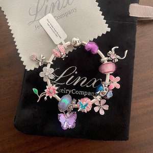 Linx Silver Snake Chain Bracelet With Purple Pale Pink and Linx Silver Snake Chain Bracelet With Purple Pale Pink and