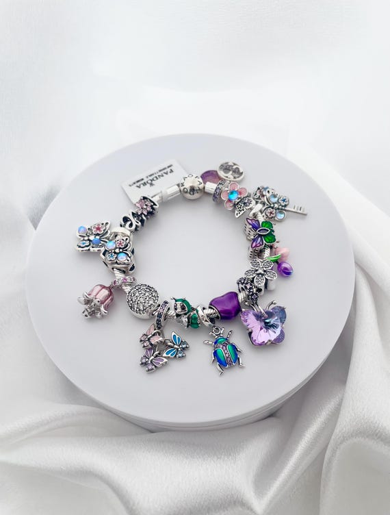 Pandora Charm Bracelet With Iridescent Flowers Butterflies Birds