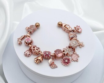 Linx Rose Gold Open Bangle with RoseGold and Pink Mom Themed Charms