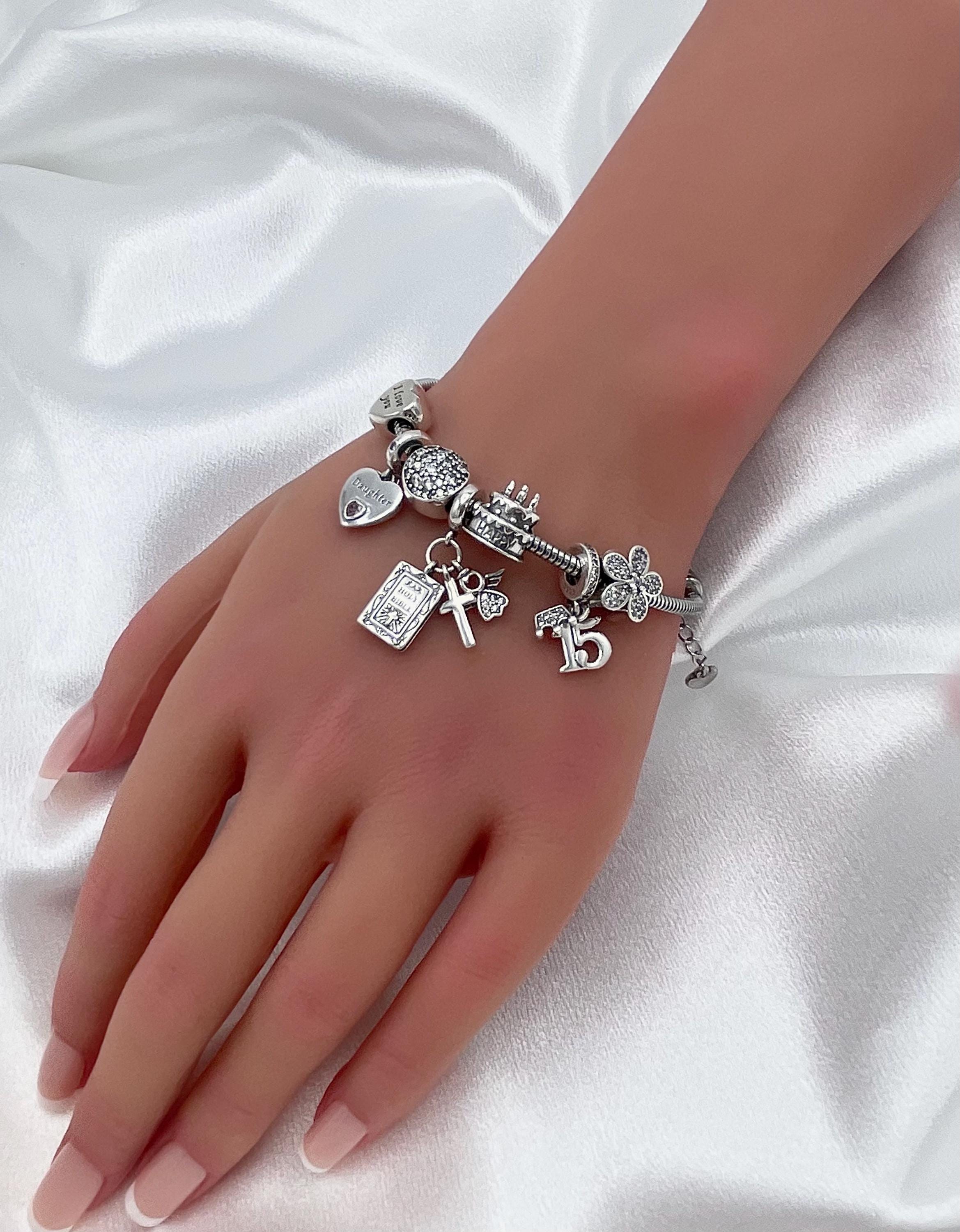 アクセサリー QUESERA charm silver Sterling Silver Charm Bracelet: Quinceanera Daughter, Cross, Crown