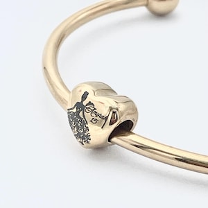 Linx Yellow Gold Bangle Bracelet with Custom Quinceanera 15th Birthday Heart Charm with Name