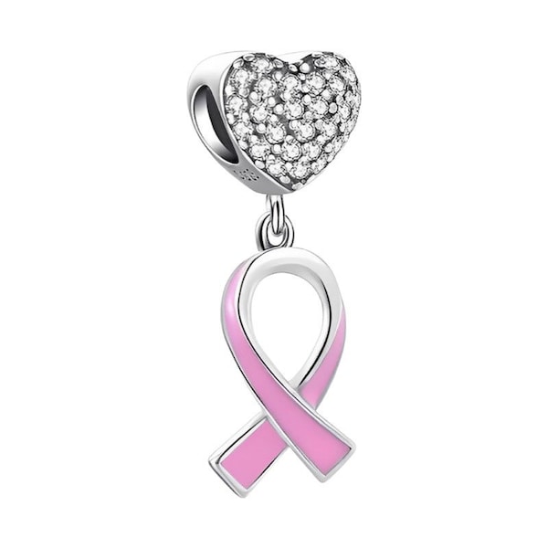 Pink Breast Cancer Awareness Ribbon and Zircon Heart Dangle Charm