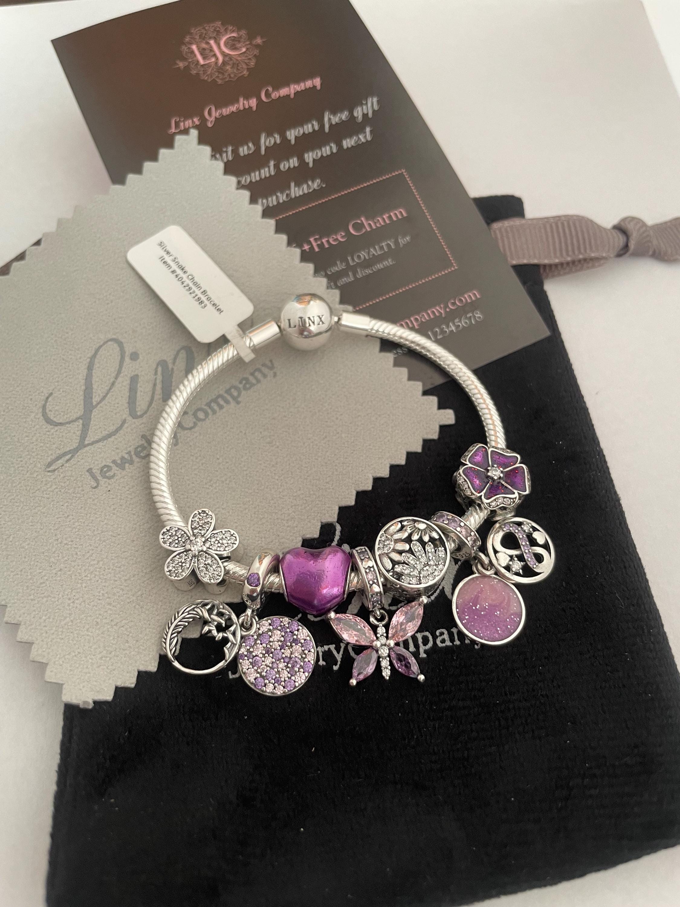 Linx Silver Snake Chain Bracelet With Purple Themed Charms 925